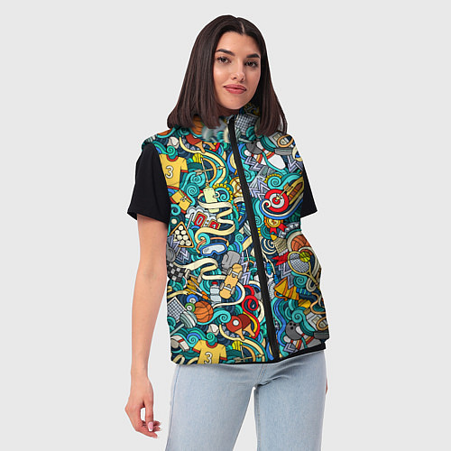 Женский жилет Спортивный инвентарь коллаж / 3D-Черный – фото 3