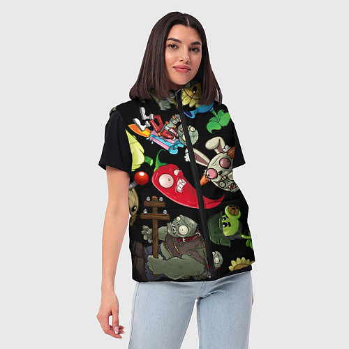 Женский жилет Растения против зомби персонажи на черном / 3D-Светло-серый – фото 3