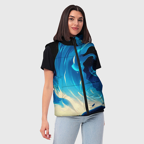Женский жилет Бело-синее пламя из абстрактных красок / 3D-Черный – фото 3