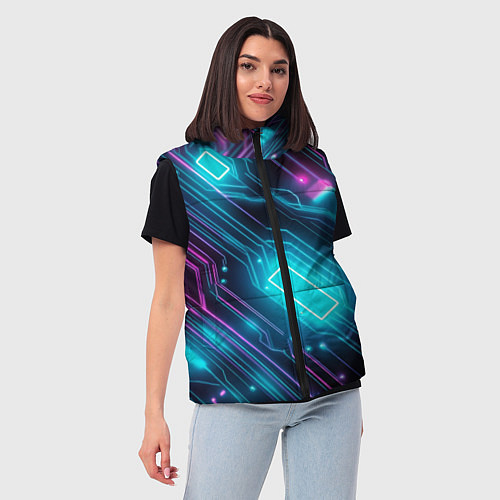 Женский жилет Неоновый узор киберпанк микросхемы / 3D-Черный – фото 3