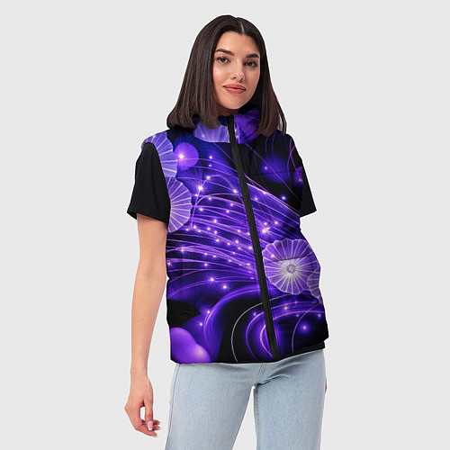 Женский жилет Силуэты цветов на темном фоне - фиолетовое свечени / 3D-Черный – фото 3