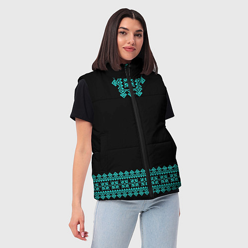 Женский жилет Славянские узоры и орнамент голубой - вышиванка ру / 3D-Черный – фото 3
