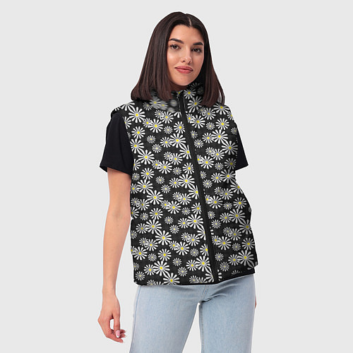 Женский жилет Белые цветы ромашки на черном в мелкий горошек / 3D-Черный – фото 3