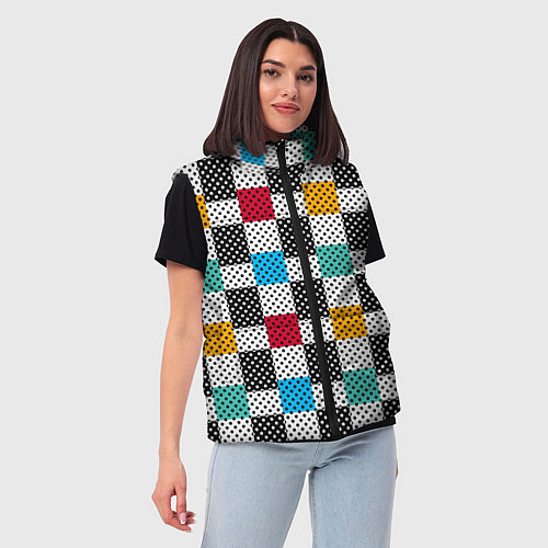 Женский жилет Узор в горошек пэчворк разноцветный / 3D-Черный – фото 3