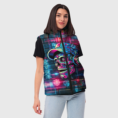 Женский жилет Кибер чувак череп на фоне граффити - нейроарт / 3D-Черный – фото 3