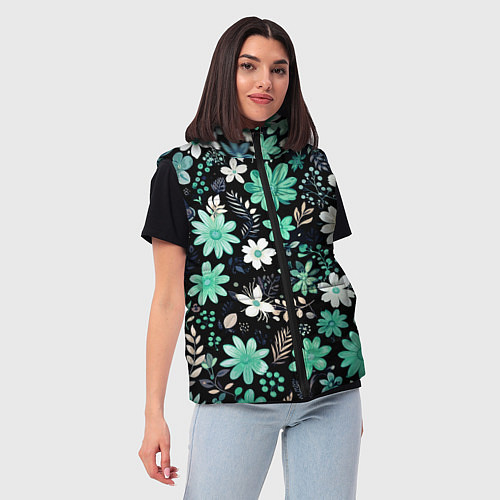 Женский жилет Чёрный в зелёный цветочек стилизованный / 3D-Черный – фото 3