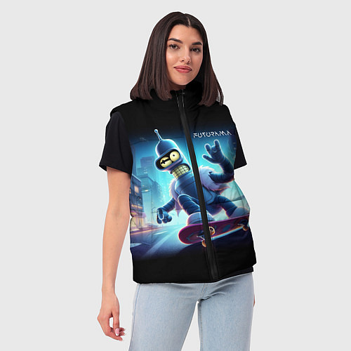 Женский жилет Bender is a skateboarder in neon street - ai art / 3D-Черный – фото 3