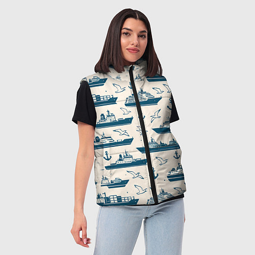 Женский жилет Морской паттерн из чаек, якорей и кораблей / 3D-Черный – фото 3
