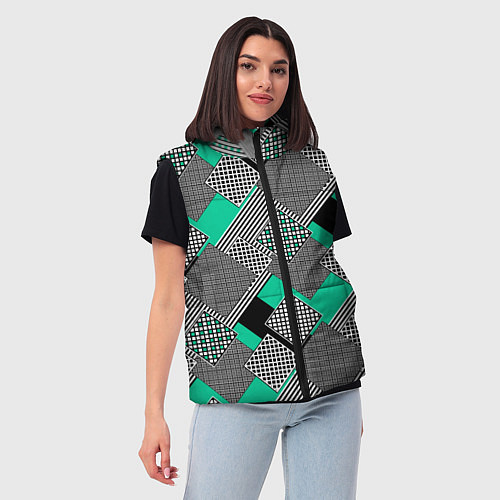 Женский жилет Черно бирюзовая абстрактная геометрия пэчворк / 3D-Черный – фото 3