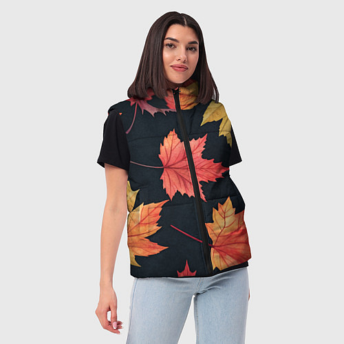 Женский жилет Кленовые листья на черном - акварельный паттерн / 3D-Черный – фото 3
