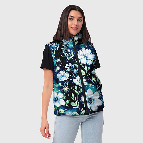 Женский жилет Стилизованные цветы сине-зелёный / 3D-Черный – фото 3