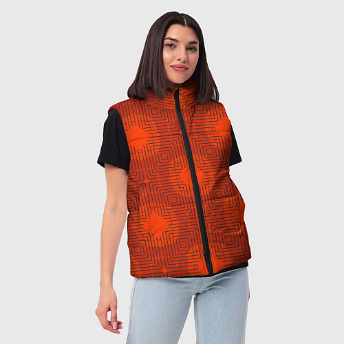 Женский жилет Красные ромбы на решетке из линий / 3D-Черный – фото 3