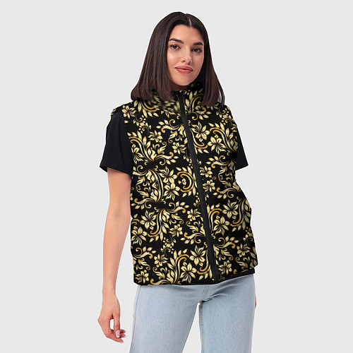 Женский жилет Народная русская роспись - позолота паттерн / 3D-Черный – фото 3