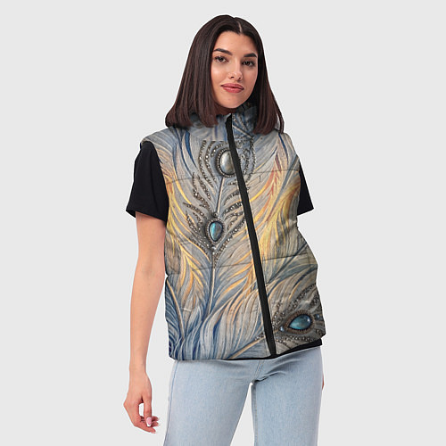 Женский жилет Синие перья с самоцветами / 3D-Черный – фото 3