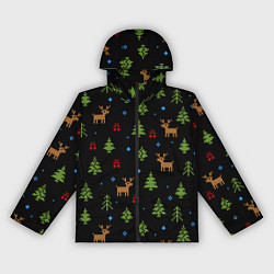 Ветровка с капюшоном женская Новогодние олени и елки, цвет: 3D-черный