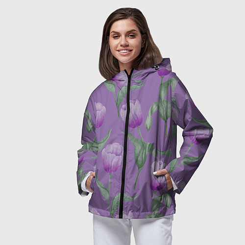 Женская ветровка Фиолетовые тюльпаны с зелеными листьями / 3D-Черный – фото 3