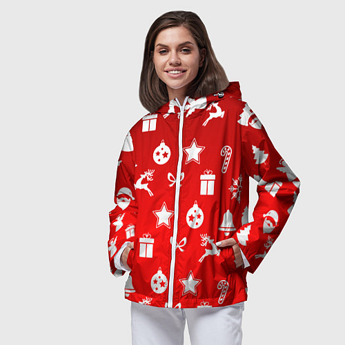 Женская ветровка Новогодний узор красный градиент / 3D-Белый – фото 3