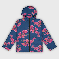 Ветровка с капюшоном женская Веточки айвы с розовыми цветами на синем фоне, цвет: 3D-черный