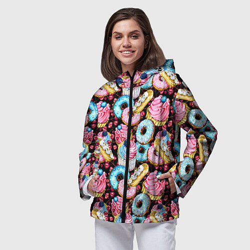 Женская ветровка Узор из сладостей на черном фоне / 3D-Черный – фото 3