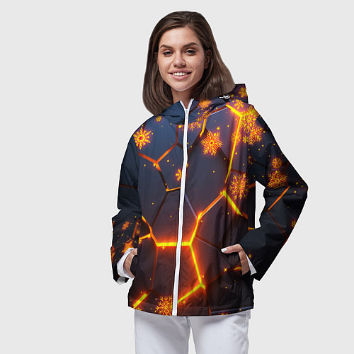 Женская ветровка НОВОГОДНИЕ ОГНЕННЫЕ 3D ПЛИТЫ FIRE NEON HEXAGON / 3D-Белый – фото 3