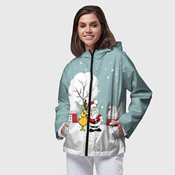 Ветровка с капюшоном женская Деревенский Новый Год Дед Мороз и Олень, цвет: 3D-черный — фото 2