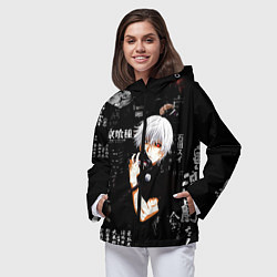 Ветровка с капюшоном женская Токийский Гуль на фоне Иероглифов Tokyo Ghoul, цвет: 3D-черный — фото 2