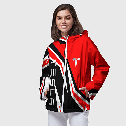 Женская ветровка ТЕСЛА - КРАСНЫЙ СПОРТИВНЫЙ / 3D-Белый – фото 3