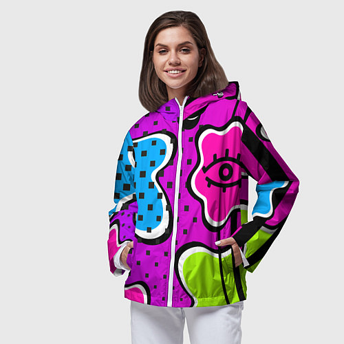 Женская ветровка Яркий абстрактный узор в стиле 90х, неоновые цвета / 3D-Белый – фото 3
