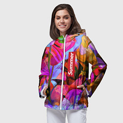 Ветровка с капюшоном женская Красочный летний цветочный паттерн Summer color pa, цвет: 3D-белый — фото 2