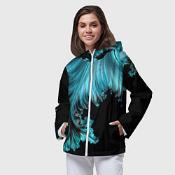 Ветровка с капюшоном женская Черный с голубым неоновый фрактал Ледяная абстракц, цвет: 3D-белый — фото 2