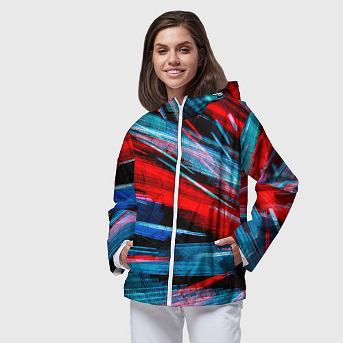 Женская ветровка Неоновые прерывающиеся линии - Красный и голубой / 3D-Белый – фото 3