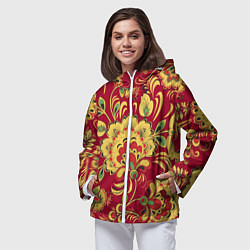 Ветровка с капюшоном женская Хохломская Роспись Цветы На красном Фоне, цвет: 3D-белый — фото 2