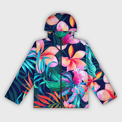 Ветровка с капюшоном женская Яркие тропические цветы Лето, цвет: 3D-черный