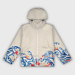 Ветровка с капюшоном женская Японский орнамент волн, цвет: 3D-белый
