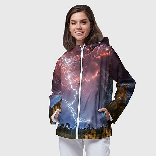 Женская ветровка Грозовые разряды молний над лесом / 3D-Белый – фото 3