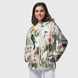 Ветровка с капюшоном женская Цветы Нарисованные Магнолии и Птицы, цвет: 3D-белый — фото 2