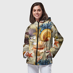 Ветровка с капюшоном женская Морские раковины, кораллы, морские звёзды на песке, цвет: 3D-черный — фото 2
