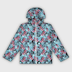 Ветровка с капюшоном женская Голубые тропические листья и цветы, цвет: 3D-белый