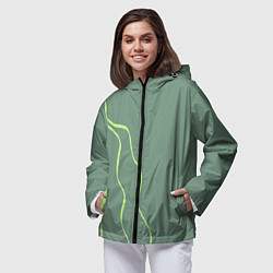 Ветровка с капюшоном женская Абстрактные зеленые линии на фоне цвета хаки, цвет: 3D-черный — фото 2