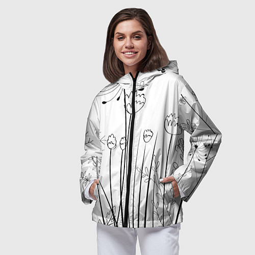 Женская ветровка Цветочный черно-белый орнамент / 3D-Черный – фото 3