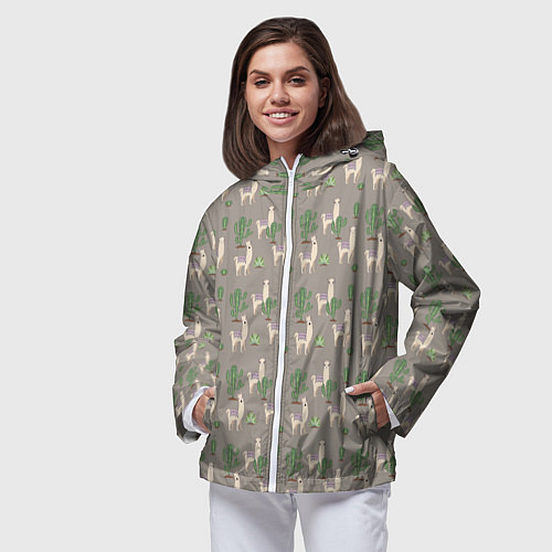 Женская ветровка Три забавных ламы среди кактусов / 3D-Белый – фото 3