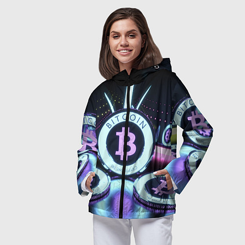 Женская ветровка Неоновый светящийся биткоин / 3D-Черный – фото 3