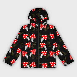 Ветровка с капюшоном женская Мухоморы на черном фоне, цвет: 3D-черный