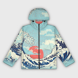 Ветровка с капюшоном женская Морской пейзаж с большими волнами на закате, цвет: 3D-черный