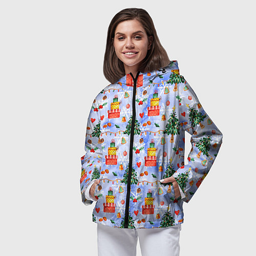 Женская ветровка Новый год - елки и подарки / 3D-Черный – фото 3