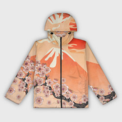 Ветровка с капюшоном женская Ветка цветущей сакуры и вулкан, цвет: 3D-черный