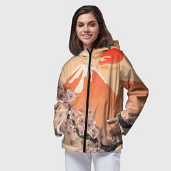 Ветровка с капюшоном женская Ветка цветущей сакуры и вулкан, цвет: 3D-черный — фото 2