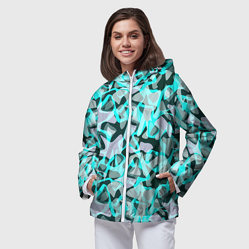 Женская ветровка Пятнистый абстрактный узор серый с бирюзовыми лини / 3D-Белый – фото 3