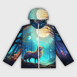 Ветровка с капюшоном женская Волк в ночном лесу в folk art стиле, цвет: 3D-белый