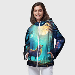 Ветровка с капюшоном женская Волк в ночном лесу в folk art стиле, цвет: 3D-белый — фото 2